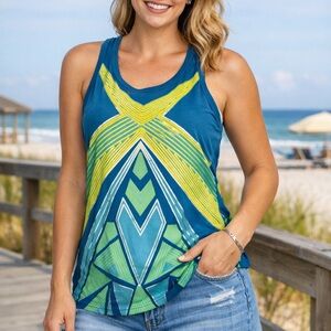 Ocean Pacific OP Women's Racerback Tank Top Teal Blue Green Geometric Print‎ M